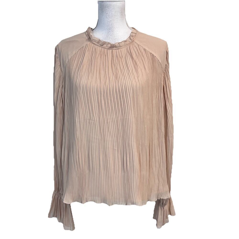 DR2 Blouse size Extra Large Suntan Beige Sheer Pleated Ruffles Modest Wedding
